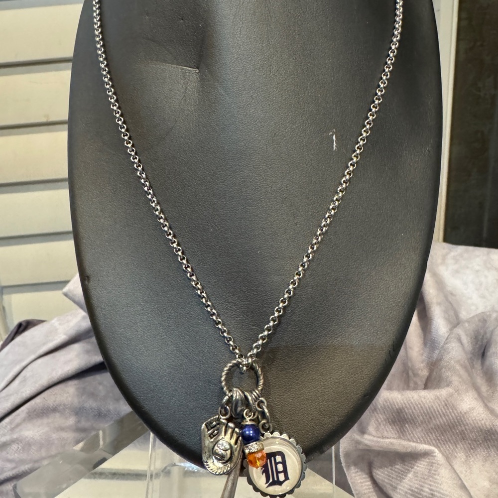 Detroit Tigers Silver Charm Necklace with Blue‎ and Orange Accents